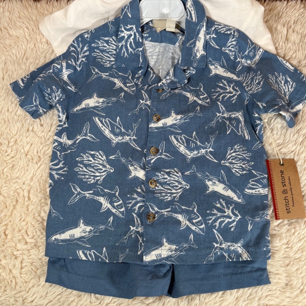 Stitch & Stone Boys 3T Shark Print Coastal 3-Piece Summer Set Blue White NWT